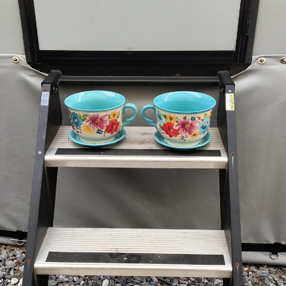 Pioneer Woman Breezy Blossom Teal Stoneware Teacup Planter, 2 .  NWT